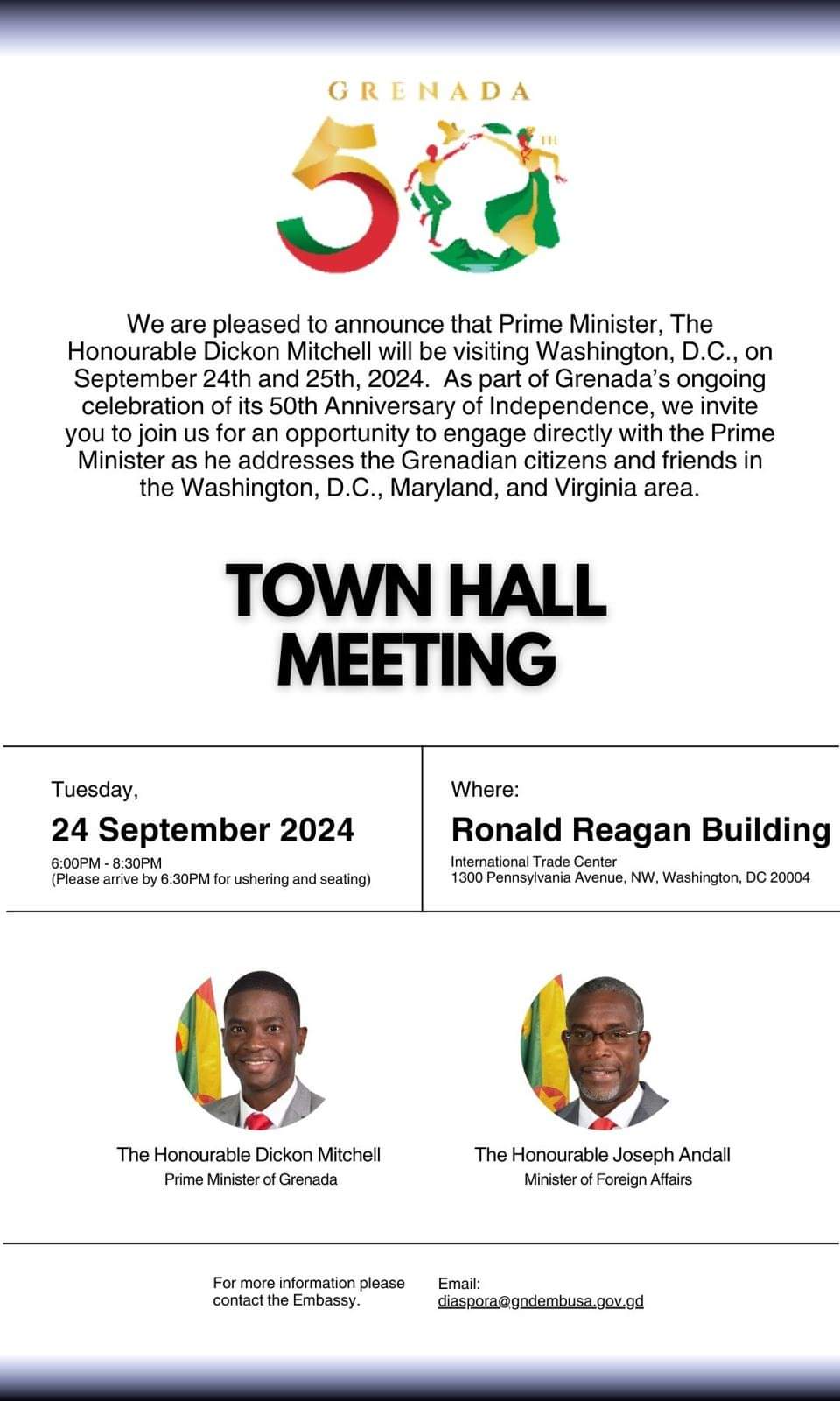 Prime Minister, The Honourable Dickon Mitchell will be visiting Washington D.C, on September 24th and 25th, 2024